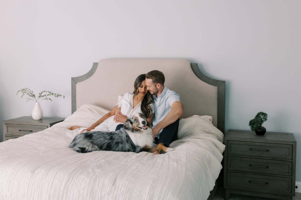 Couple and Dog in Bed Lifestyle Session in Fishers, IN